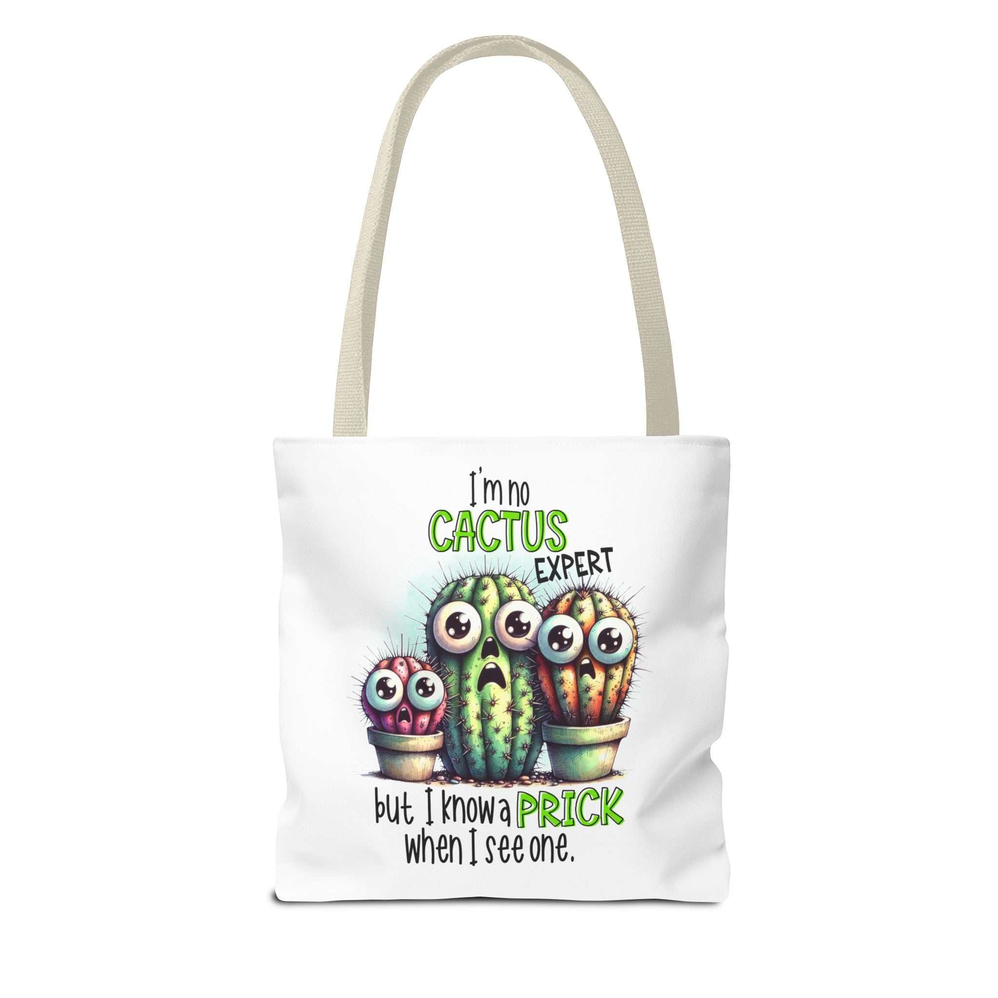 Fun cactus tote bag with cheeky design and multiple handle colors, made from durable spun polyester