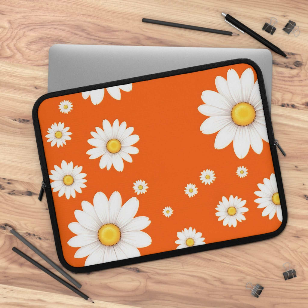 Orange daisy laptop sleeve with vibrant orange background and white daisy flowers, neoprene protective case with dual zipper.