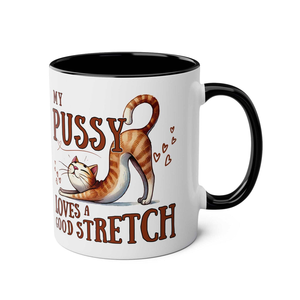 Cheeky Fun Coffee Mug with cat stretch design, 11oz ceramic, black handle, glossy finish, microwave and dishwasher safe