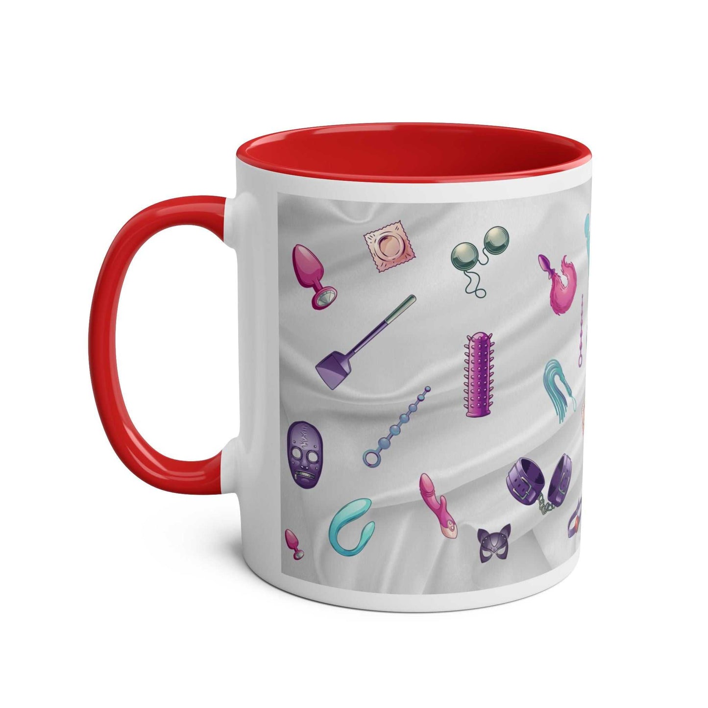 Fun Sex Toy Coffee Mug with playful patterns, ceramic, glossy finish, red handle and inside, 11oz size.