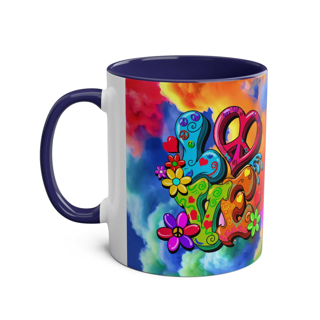 LGBTQ+ Pride Mug with vibrant rainbow design and peace symbols.