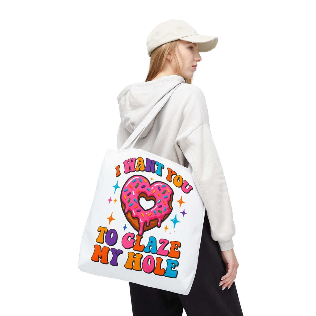 Glaze My Hole Donut Tote Bag with cheeky donut design and colorful handles, made of durable spun polyester
