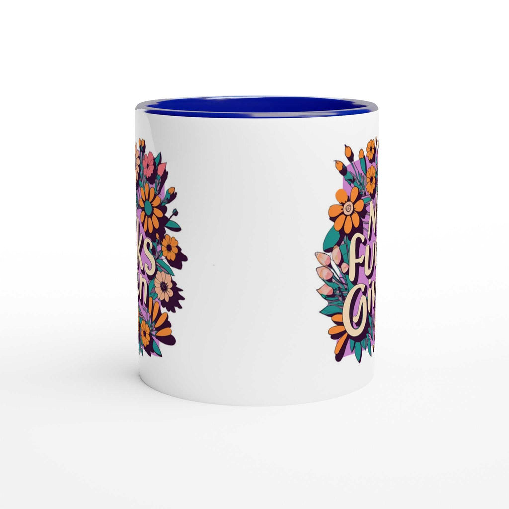 No Fucks Given Fun Mug, 11oz white ceramic with colorful floral design, perfect for coffee or tea.