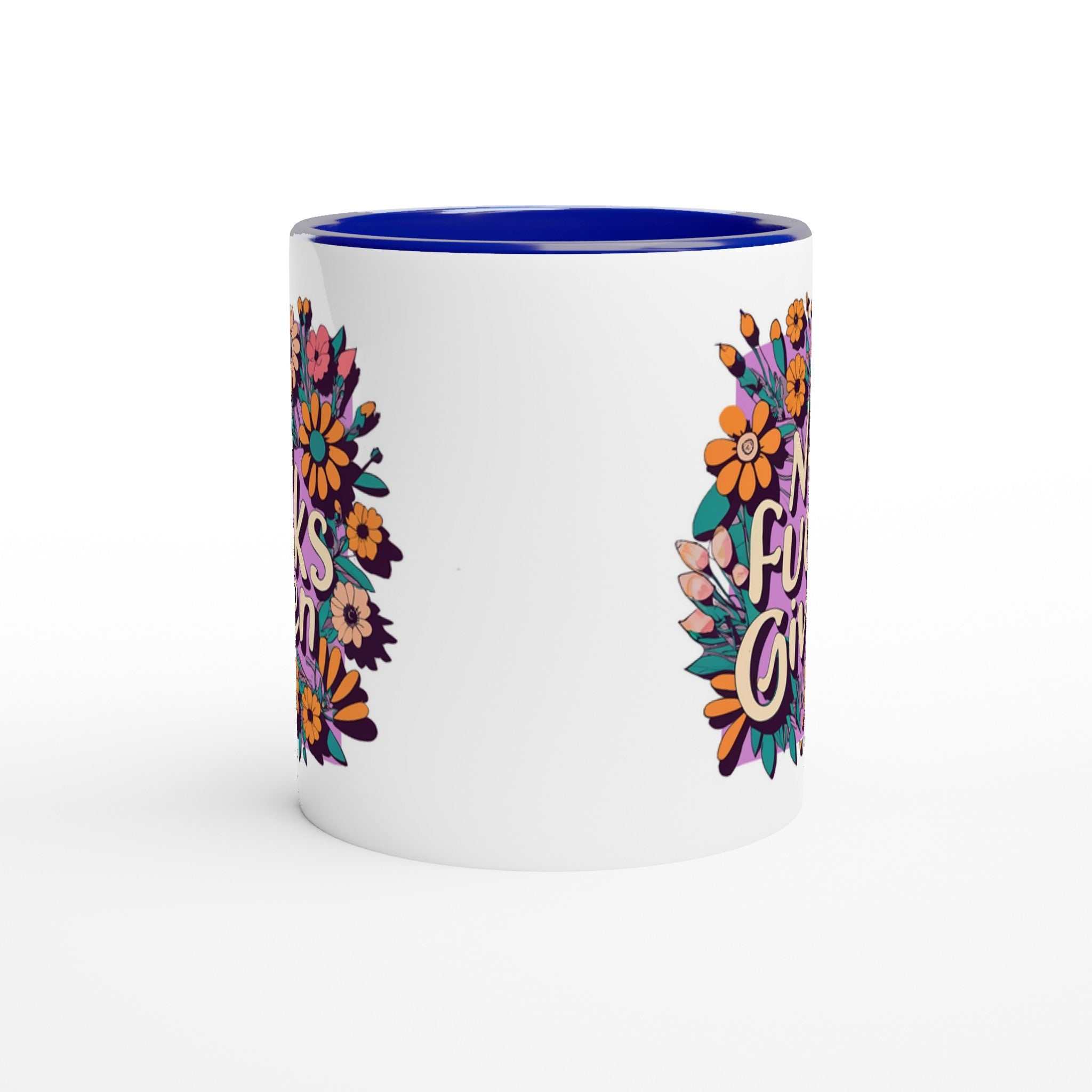 No Fucks Given Fun Mug, 11oz white ceramic with colorful floral design, perfect for coffee or tea.