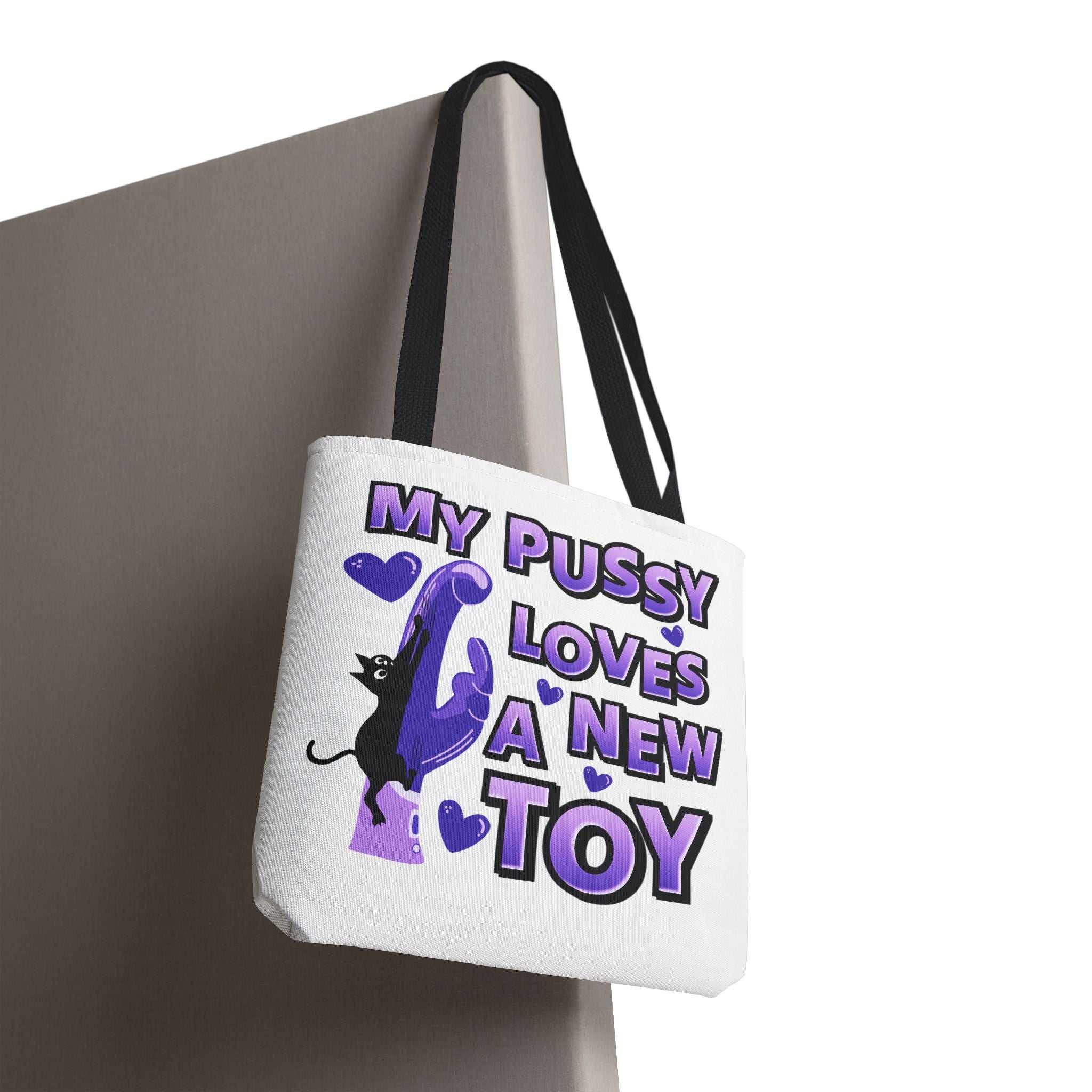 Cheeky fun cat toy tote bag with multiple sizes and handle colors made of durable spun polyester