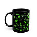 Black ceramic mug with playful green willies print, available in two sizes, glossy finish.