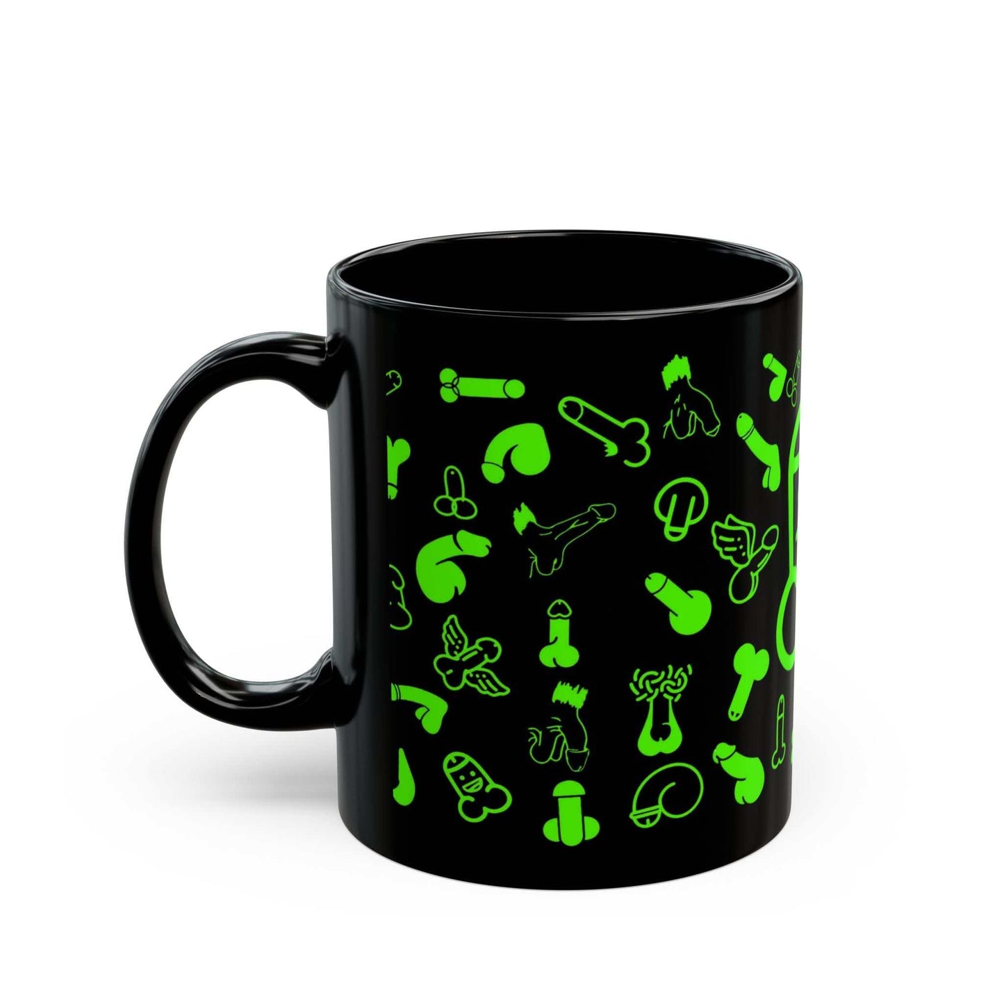 Black ceramic mug with playful green willies print, available in two sizes, glossy finish.