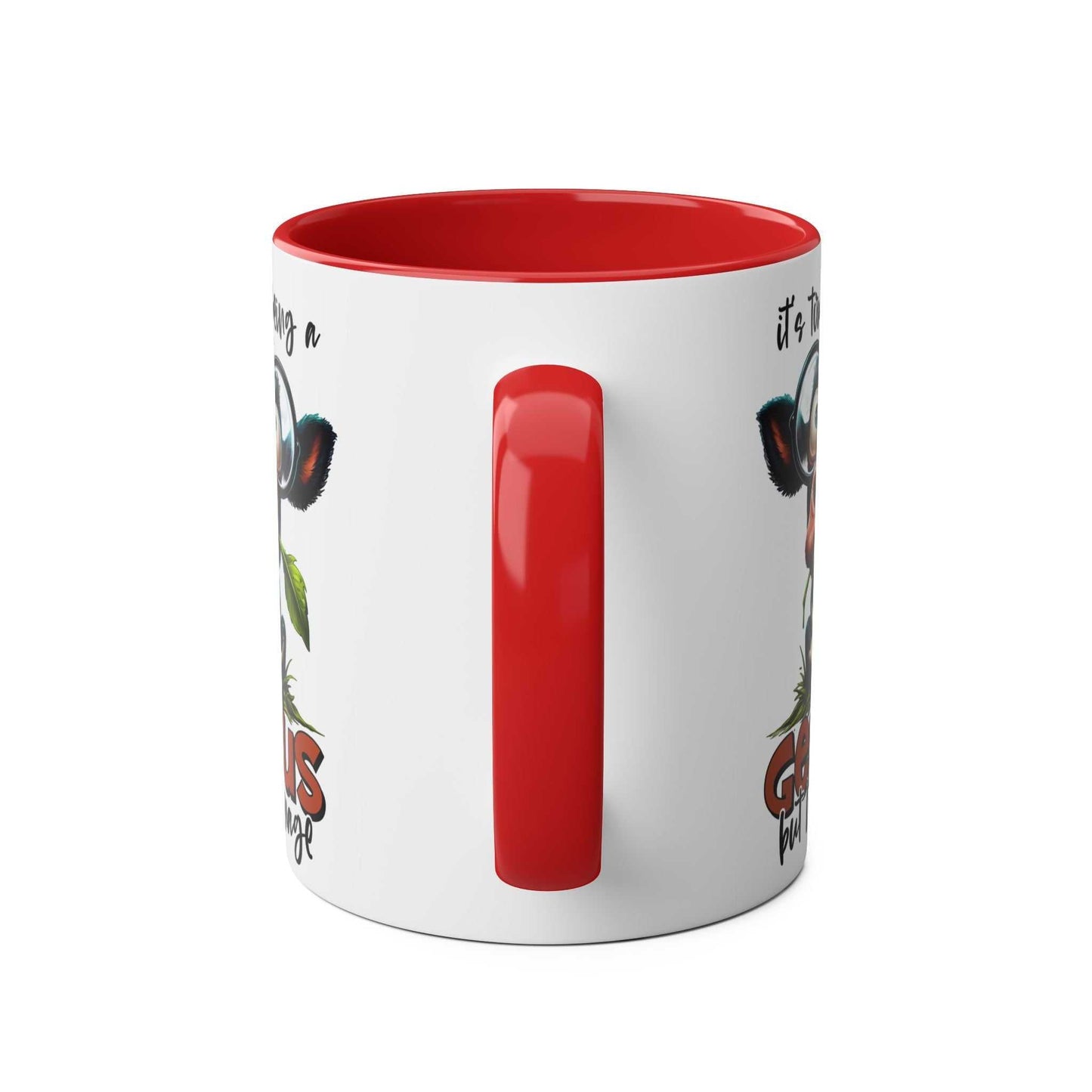 Genius Coffee Mug with funny animal design and red interior handle, ceramic, microwave, and dishwasher safe.