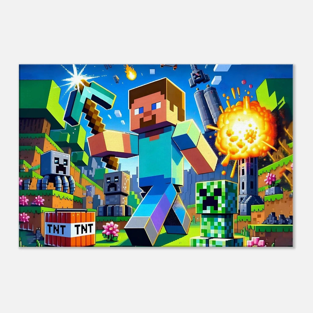 Vibrant Minecraft wall canvas with iconic characters and blocks, perfect for fans, available in multiple sizes and profiles.