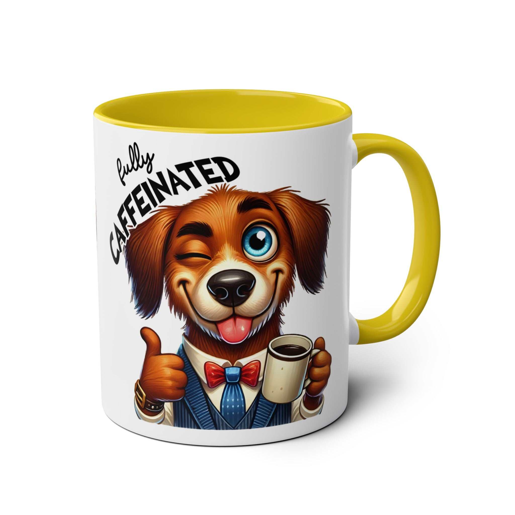 Fun sarcastic coffee mug with winking dog illustration and yellow handle.