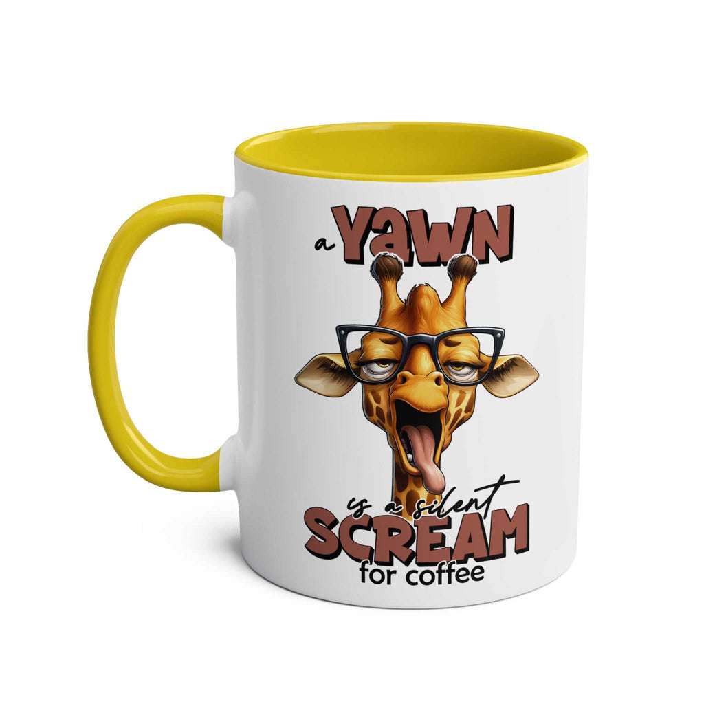 Quirky giraffe design on Yawn Coffee Mug with yellow handle, perfect for playful mornings.