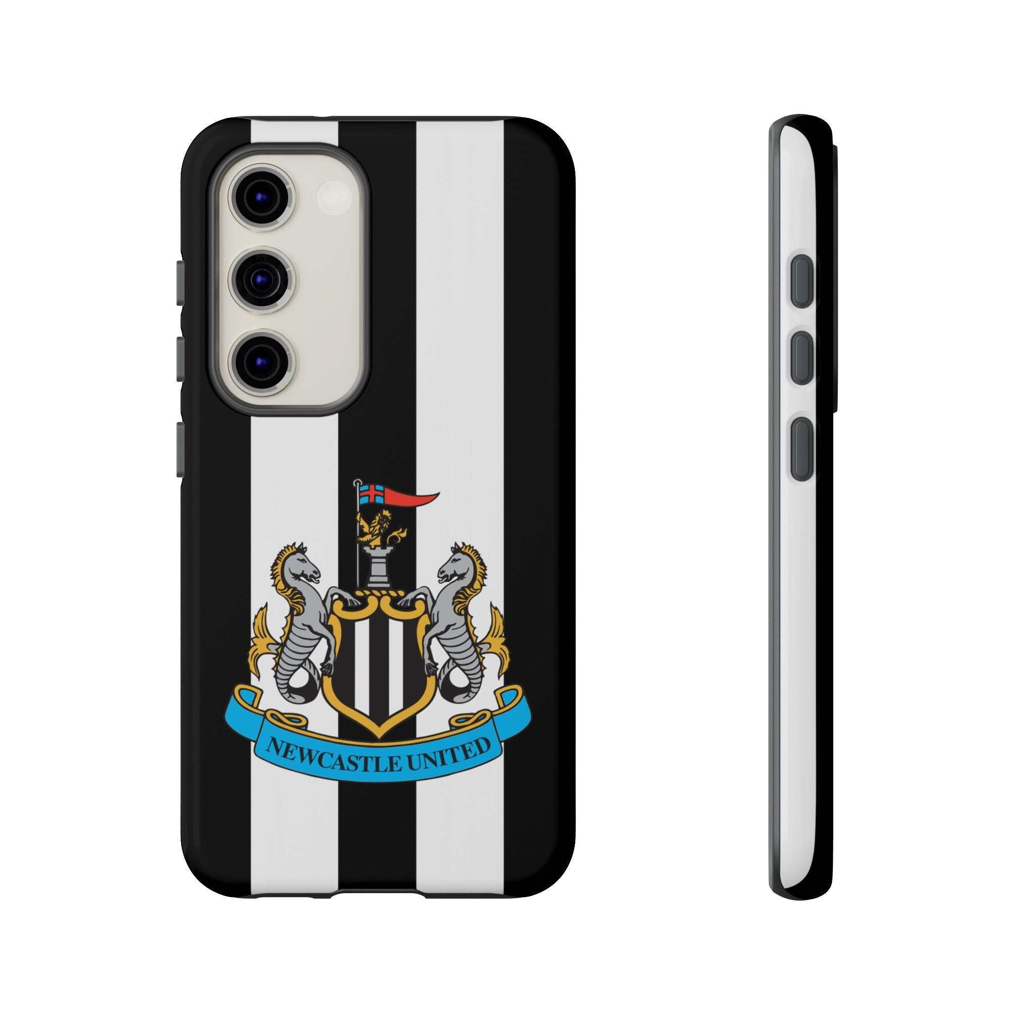 Newcastle United Samsung phone case with black and white design, magnetic features, and dual-layer protection