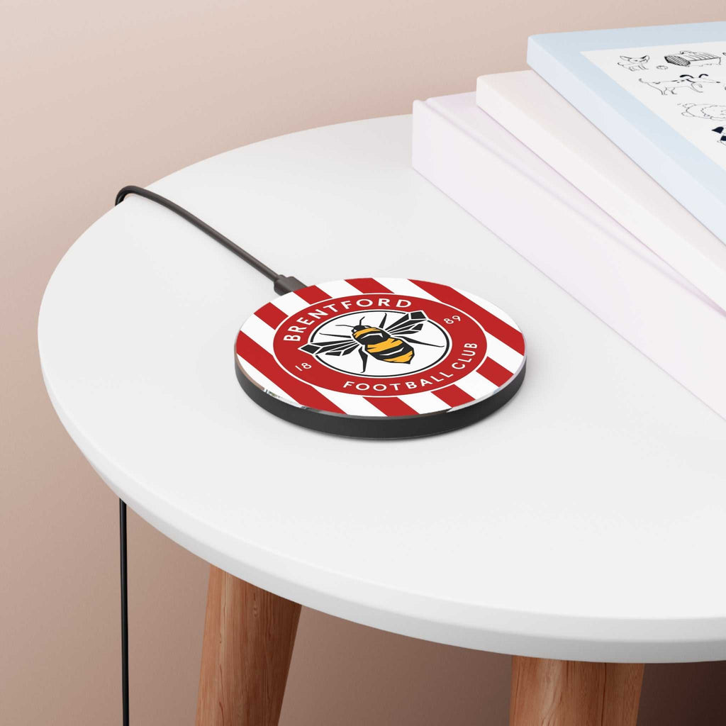 Brentford FC wireless charger with red and white bee crest design, 10W fast charging, aluminum casing, compatible with Qi smartphones