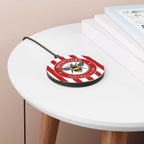 Brentford FC wireless charger with red and white bee crest design, 10W fast charging, aluminum casing, compatible with Qi smartphones
