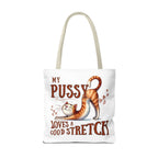 Fun stretching cat tote bag with cheeky design, durable spun polyester, and colorful handles for everyday use