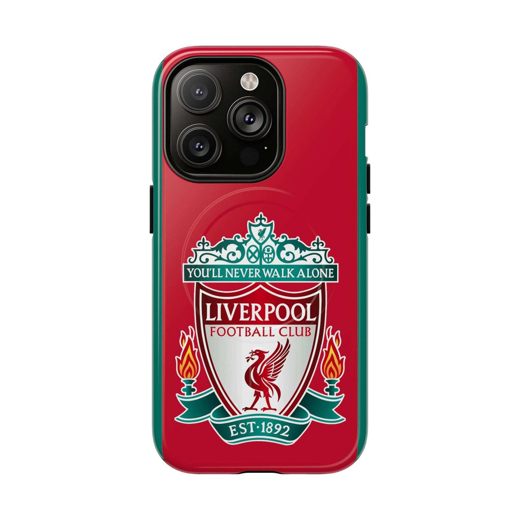 Liverpool FC MagSafe iPhone case with iconic red color and official-inspired crest, dual-layer protection, and MagSafe compatibility