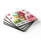 You Make Me Melt Coaster Set with playful ice cream design, high-gloss MDF top and cork back, 4-piece set.