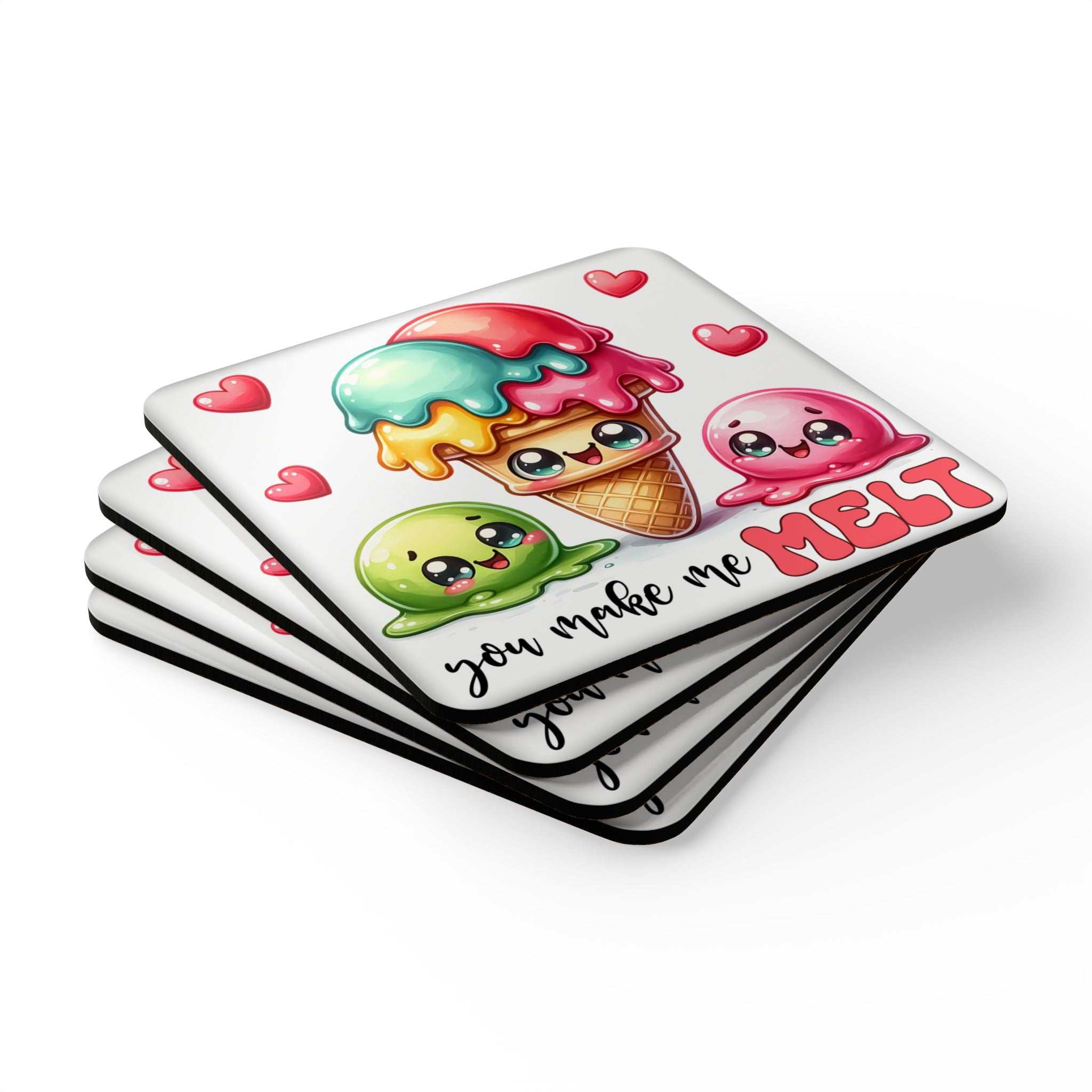 You Make Me Melt Coaster Set with playful ice cream design, high-gloss MDF top and cork back, 4-piece set.