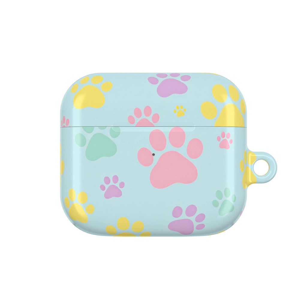 Pastel doggy paw patterned hard shell AirPods protective case in vibrant colors with glossy finish