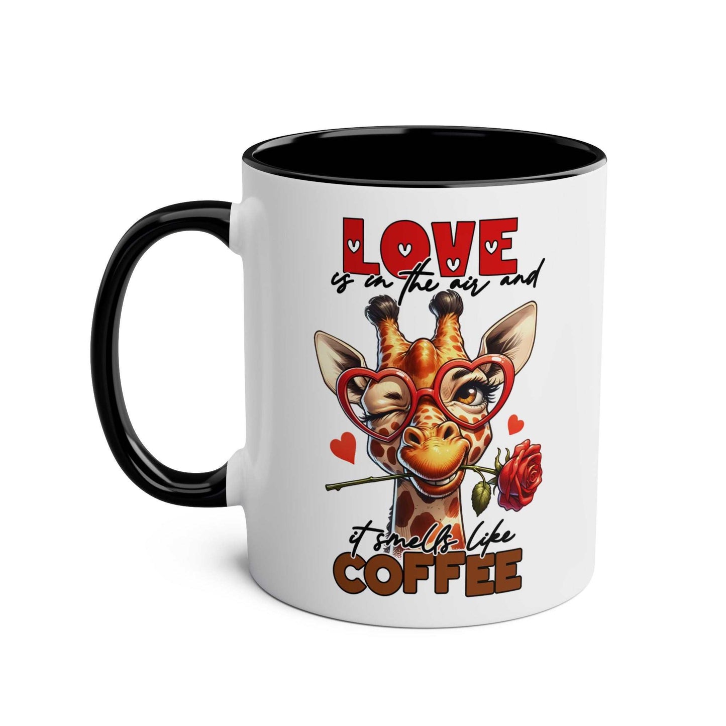 Playful giraffe design on Smells Like Coffee Mug with red hearts and rose, black handle and rim, 11oz ceramic, microwave and dishwasher safe.