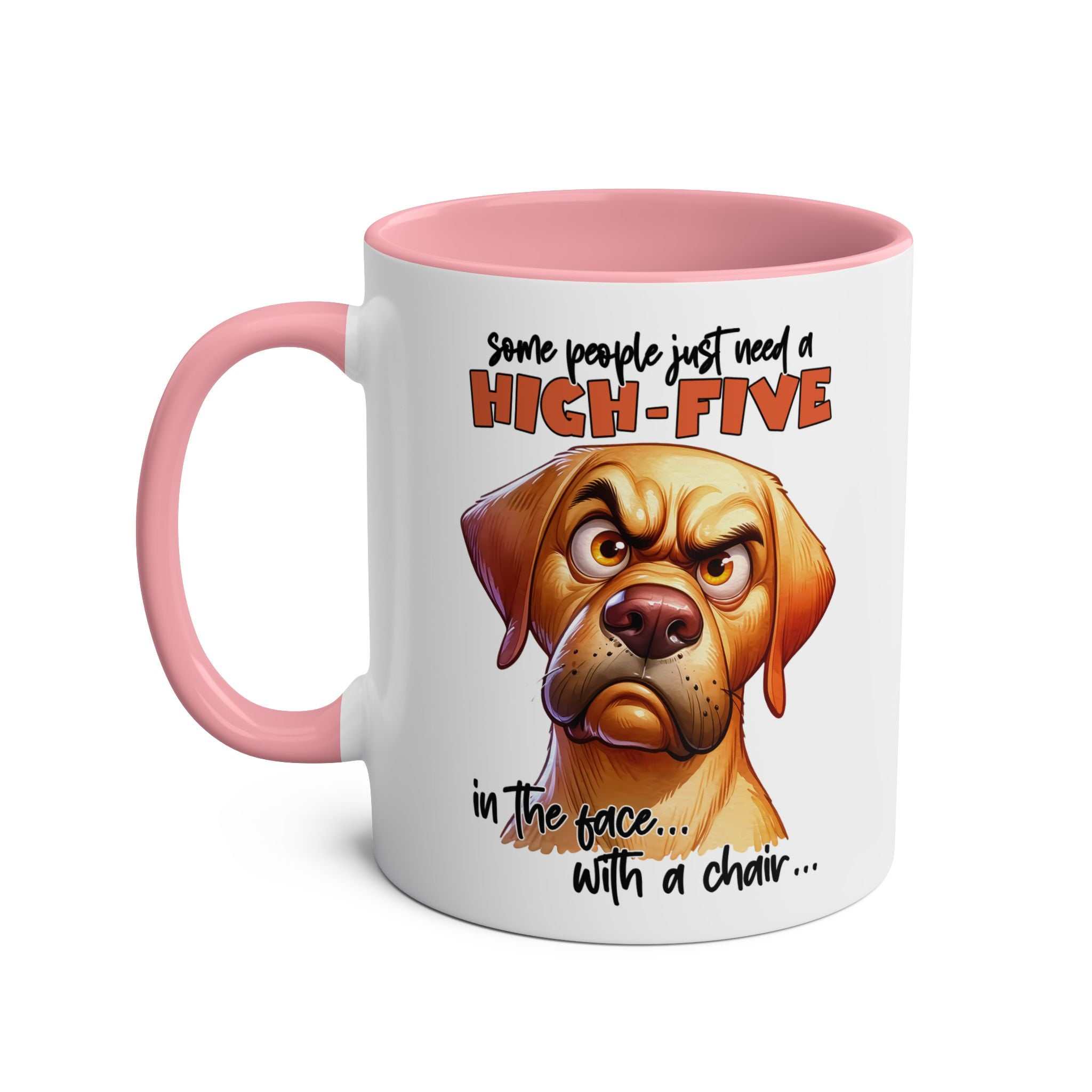 Snarky dog graphic on High Five Coffee Mug with pink handle and interior.