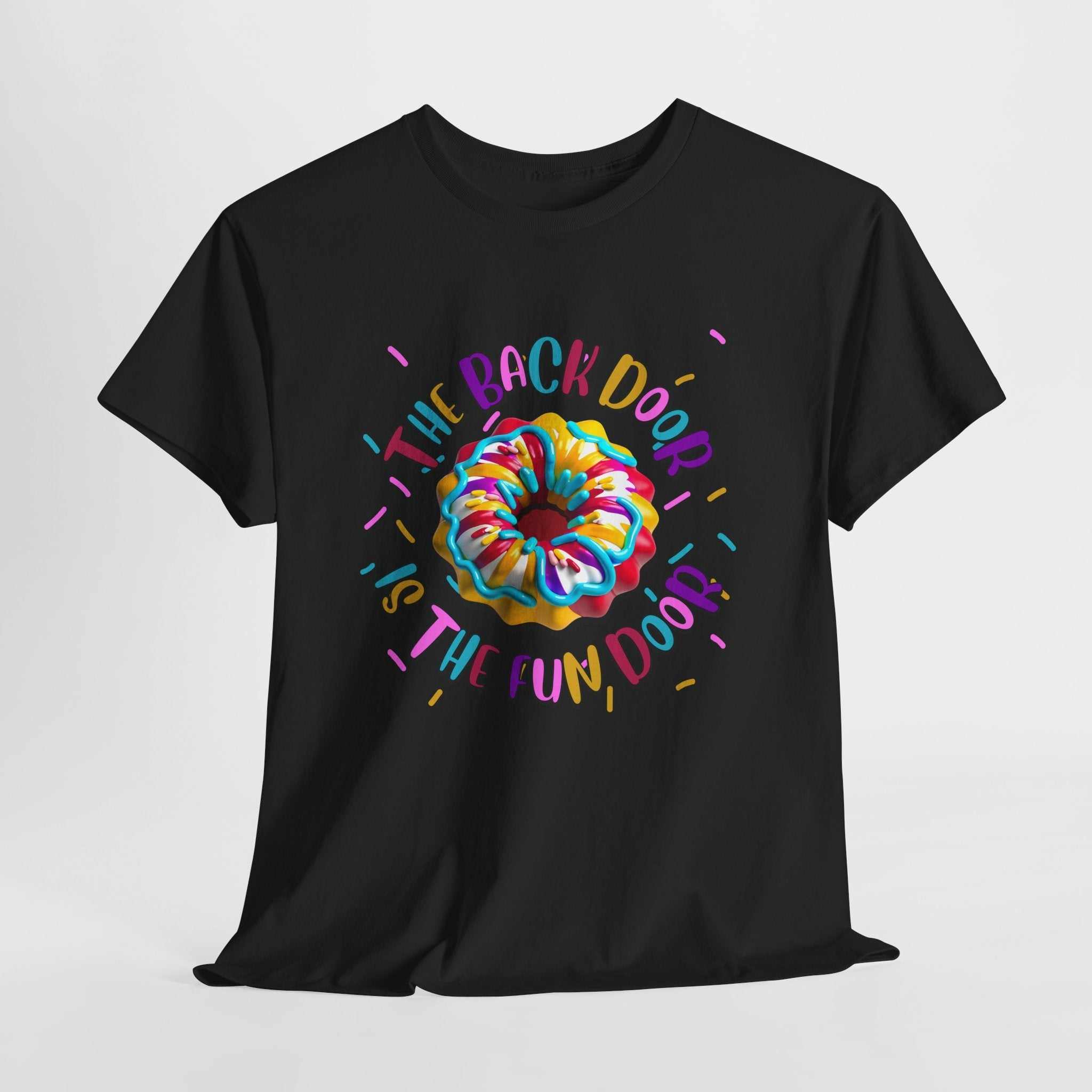 The Back Door is the Fun Door edgy humorous t-shirt with bold door graphic and cheeky design.