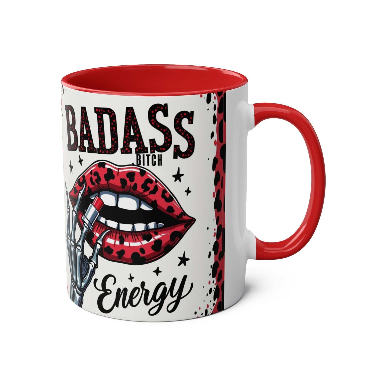 Badass Bitch Ceramic Two Tone Mug in red with cheeky design.