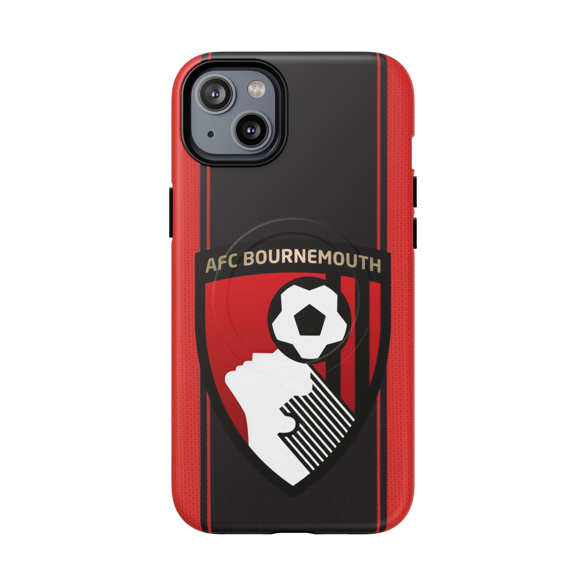 AFC Bournemouth MagSafe iPhone case with red and black design, club crest, dual-layer protection, and MagSafe compatibility.