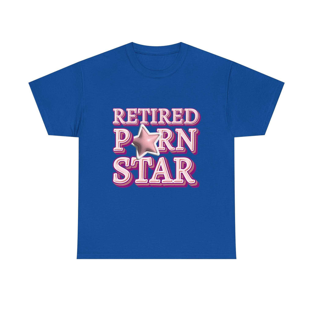 Black Retired Porn Star T-Shirt with bold humorous text, soft cotton fabric, perfect for parties and casual wear