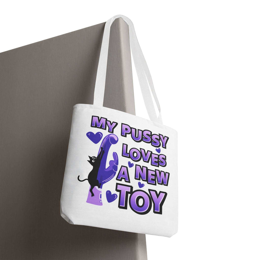 Cheeky fun cat toy tote bag with durable spun polyester and colorful handles