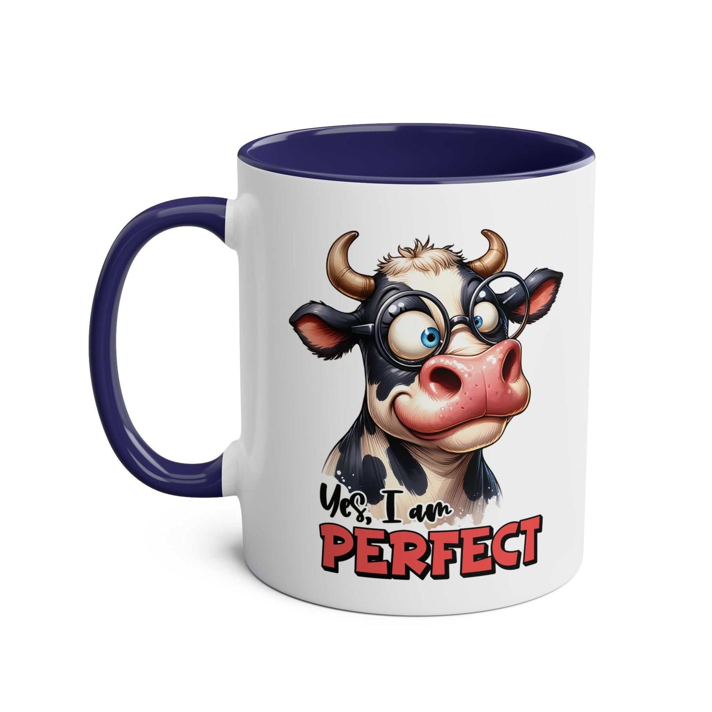 Fun cow design on "I Am Perfect" coffee mug with blue handle, ideal for bovine lovers, available in 7 colors, 11oz ceramic.