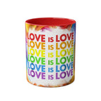 LGBTQ+ Pride Mug with vibrant rainbow design and "Love is Love" message.