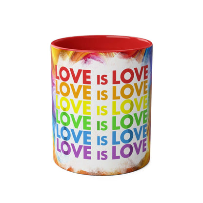 LGBTQ+ Pride ceramic mug with vibrant rainbow design and "Love is Love" text.