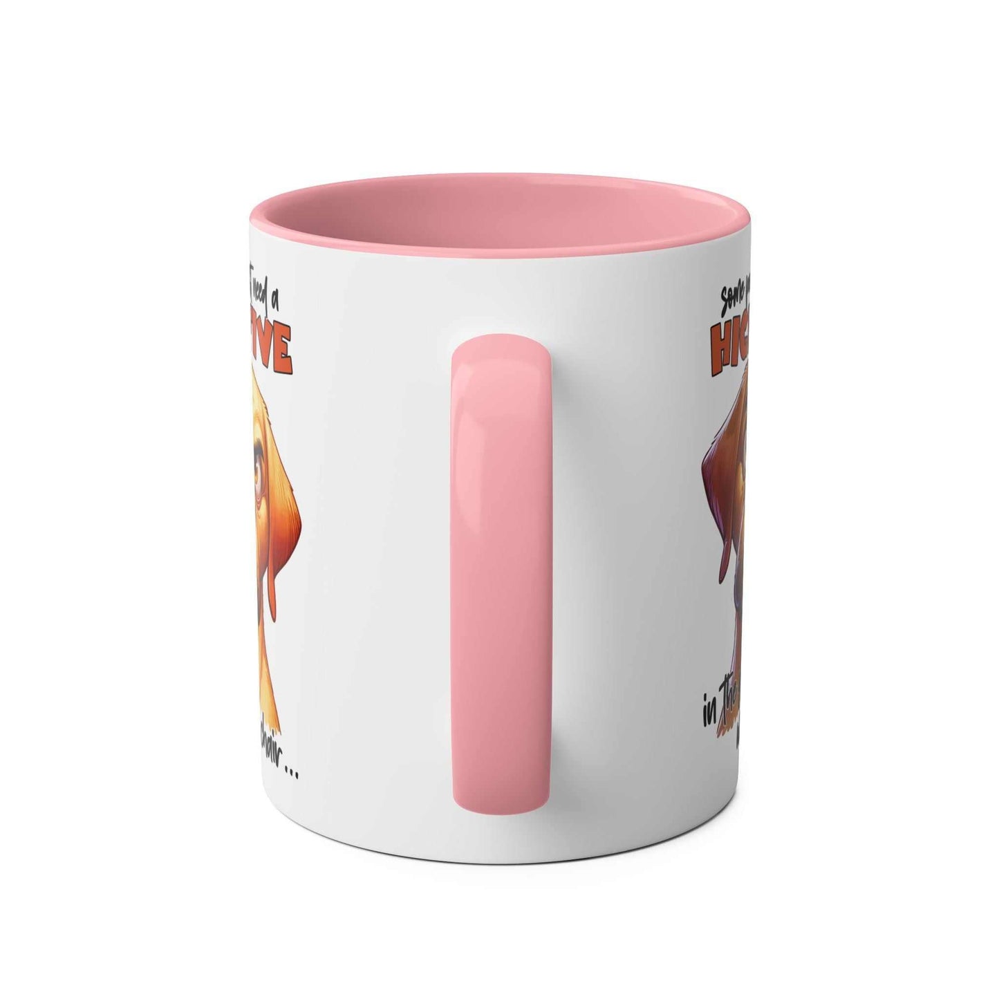 Pink-handled High Five Coffee Mug with snarky dog graphic.