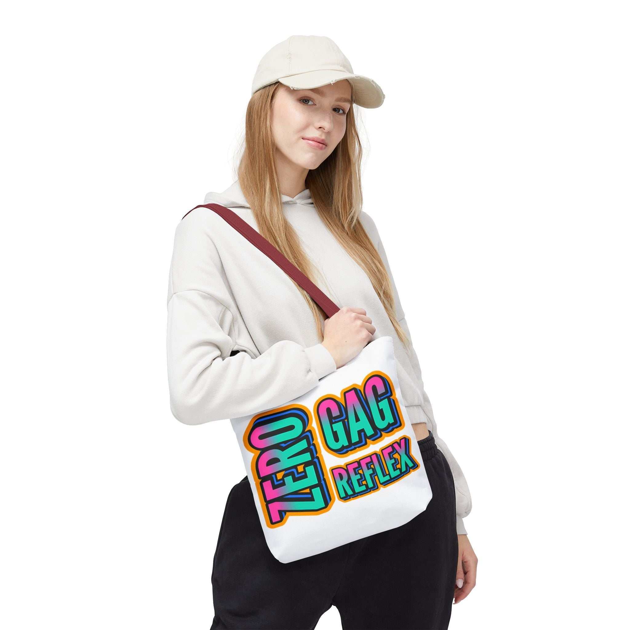 Zero Gag Reflex Tote Bag with cheeky design, durable spun polyester, multiple sizes and handle colors, perfect for casual outings and errands