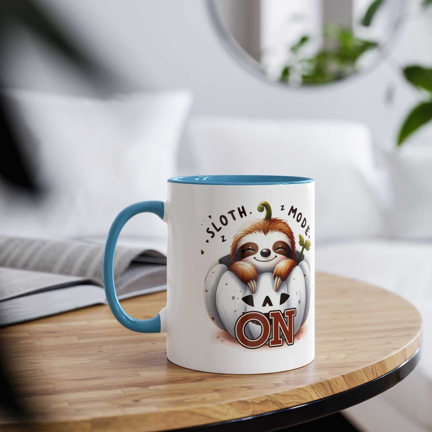 Cute sloth coffee mug on a wooden table with a cozy background, featuring a whimsical illustration and text "Sloth Mode On."