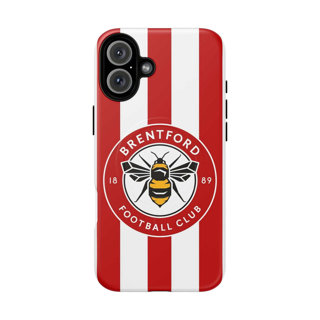 Brentford FC MagSafe iPhone case with red and white stripes, club crest, and durable dual-layer protection