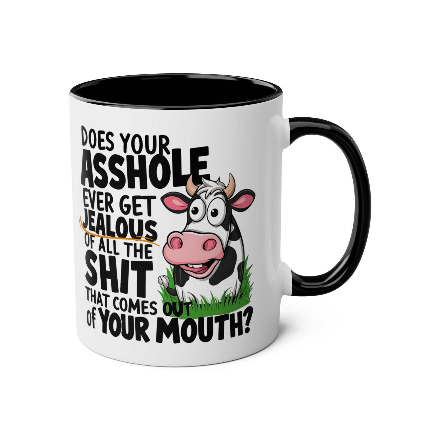 Cheeky Rude Ceramic Two Tone Mug with bold text and cow illustration on glossy finish.