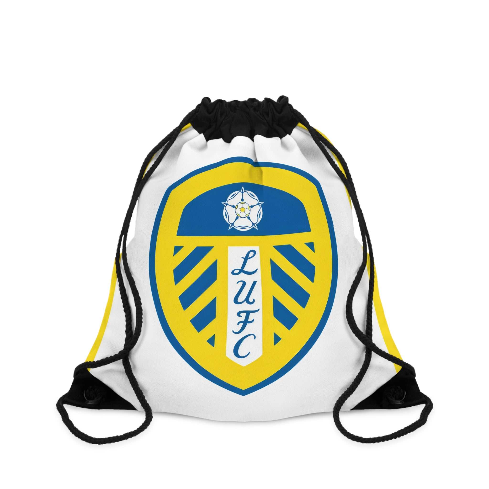 Leeds Utd drawstring bag with club logo, lightweight polyester, durable, spacious and secure closure, ideal for gym, school, and travel.