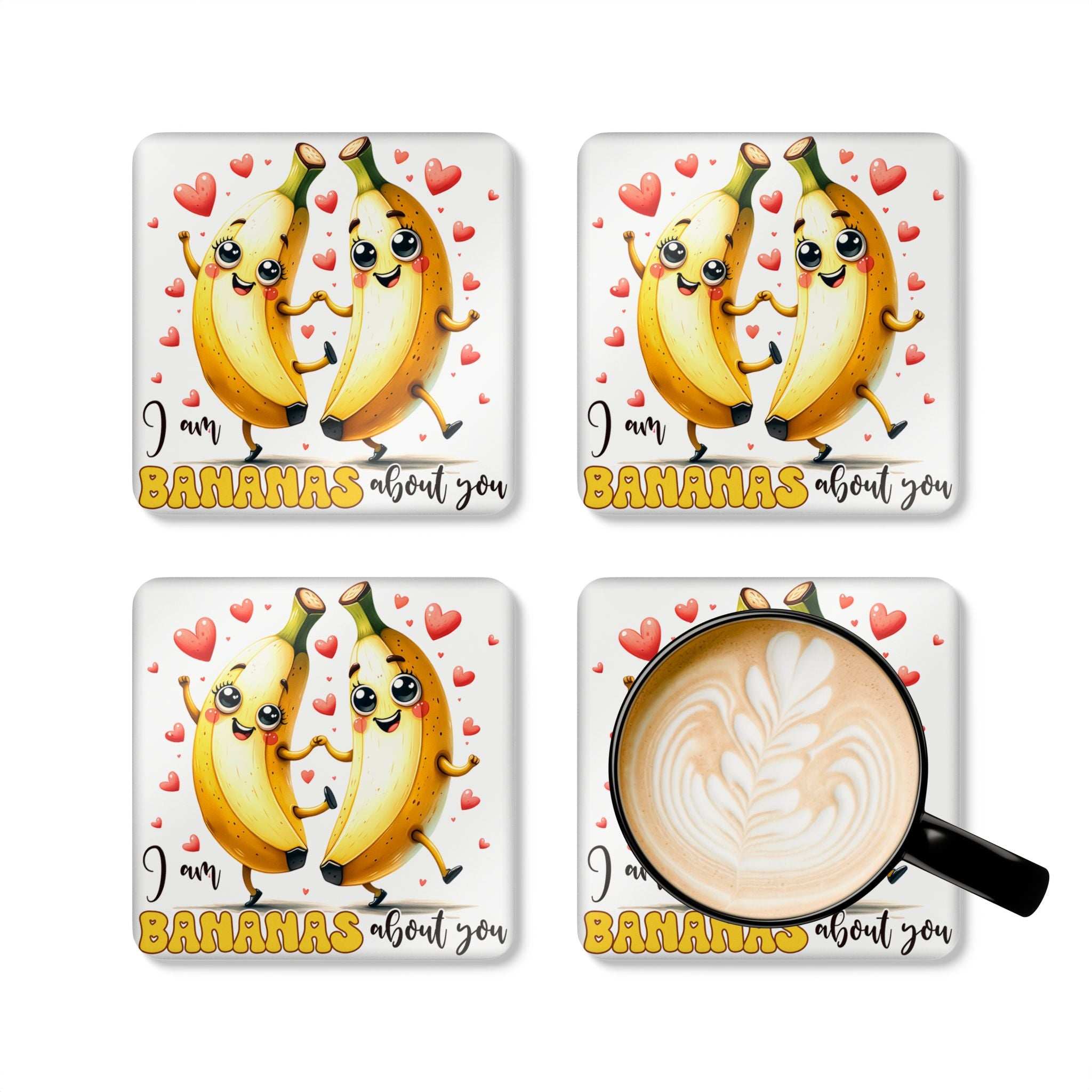 Bananas About You Coaster Set with playful banana design and coffee cup on top.