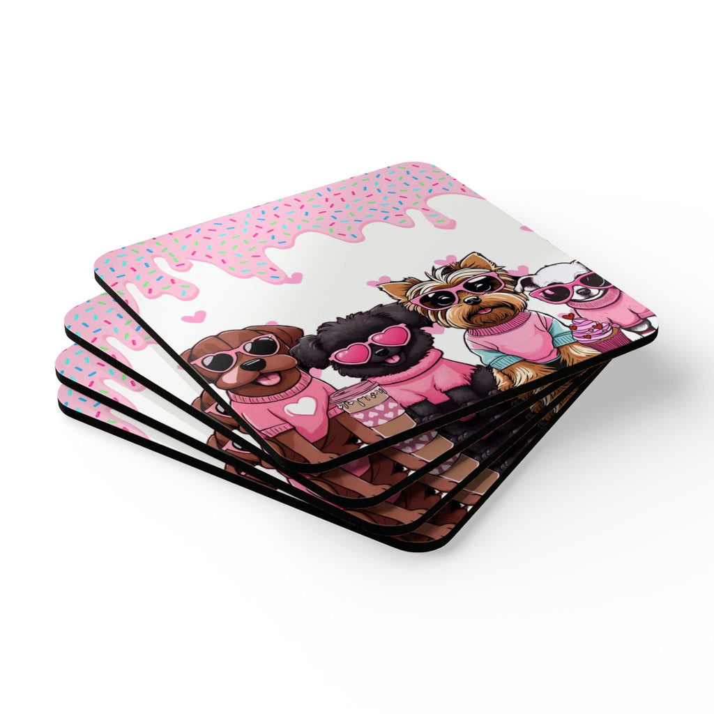 Cute Puppy Coaster Set with playful puppy designs, high-gloss MDF top, and cork back for non-slip protection.
