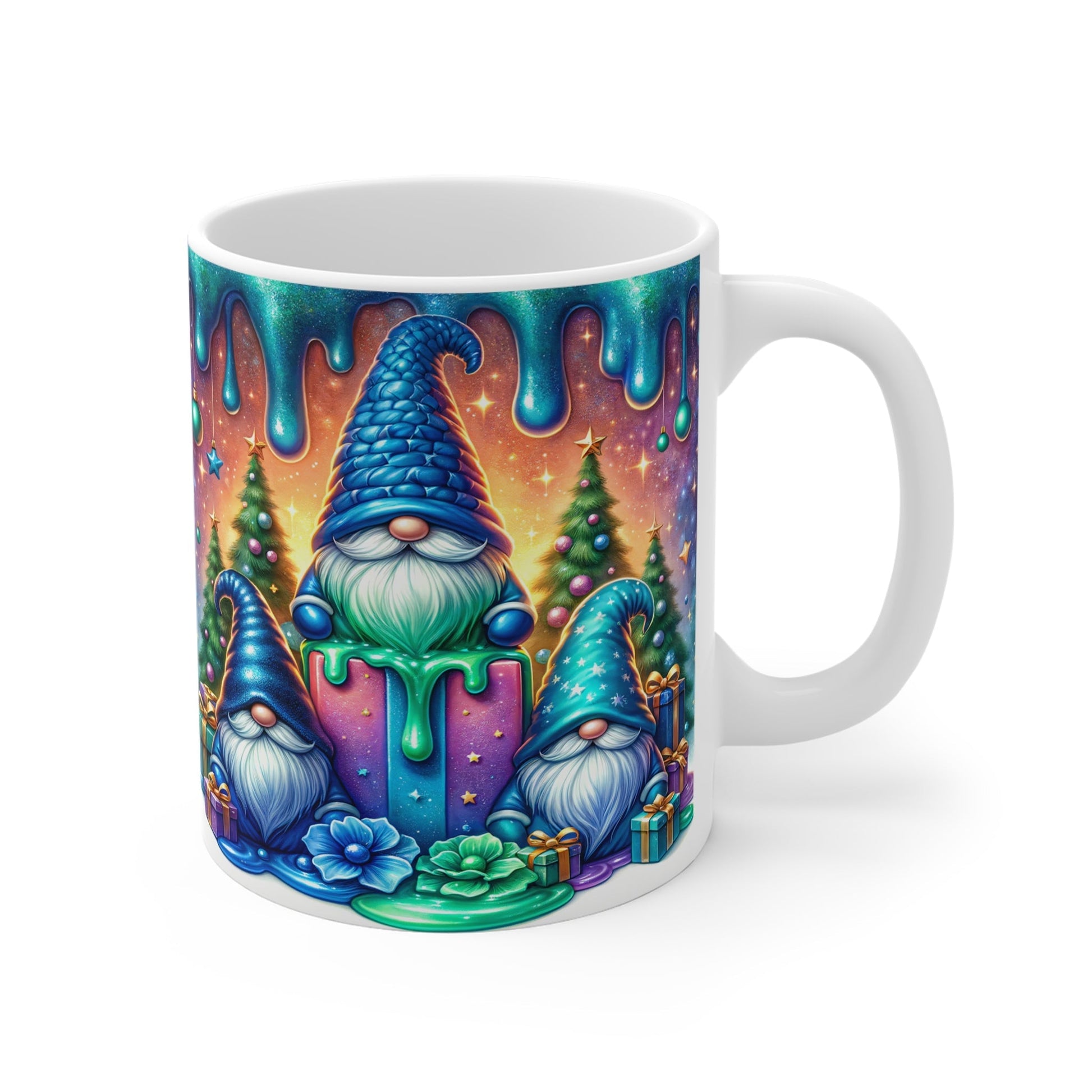 Christmas gnome mug with colorful design, perfect for festive hot chocolate.