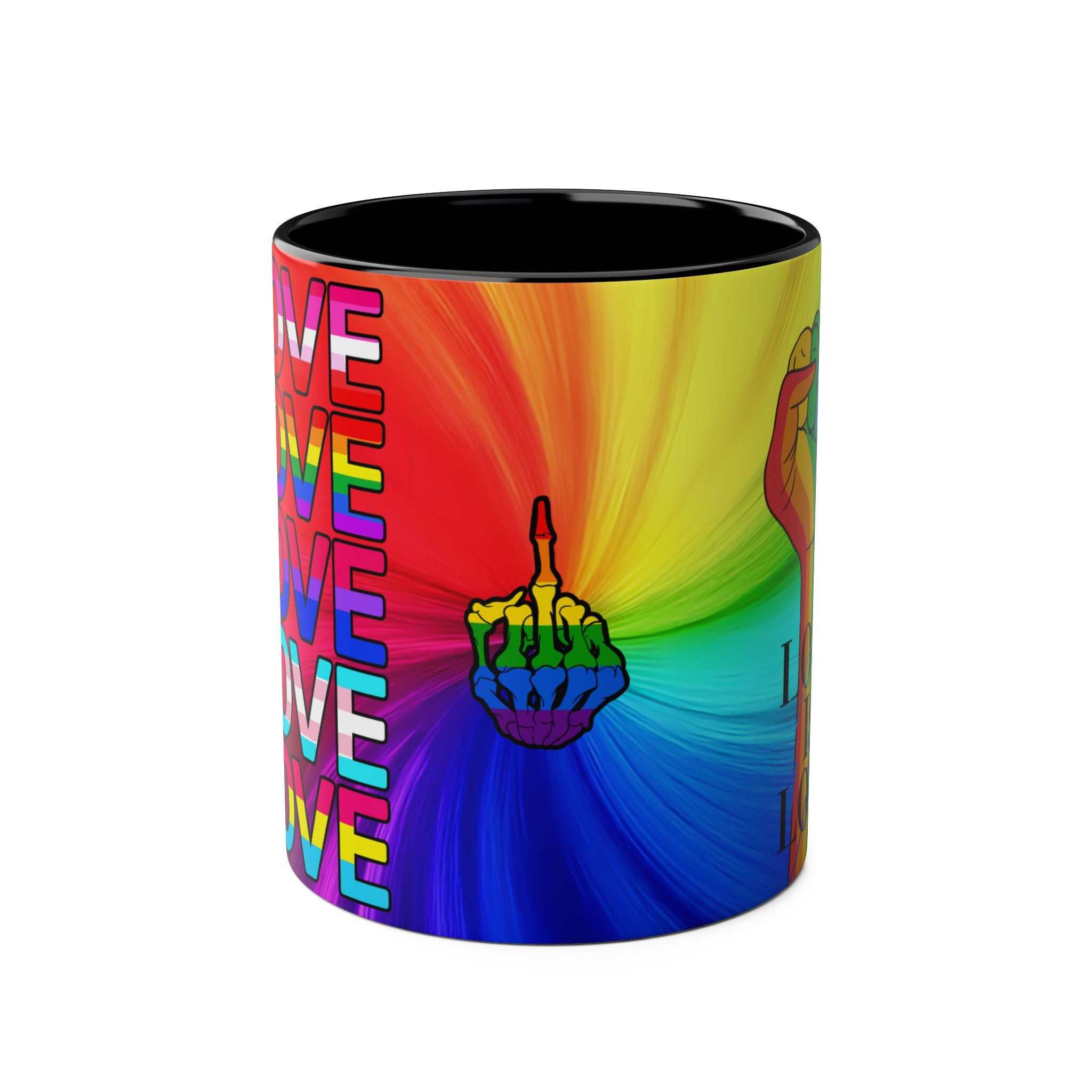 LGBTQ+ Pride Mug with vibrant rainbow design, high-quality ceramic, 11oz, glossy finish.