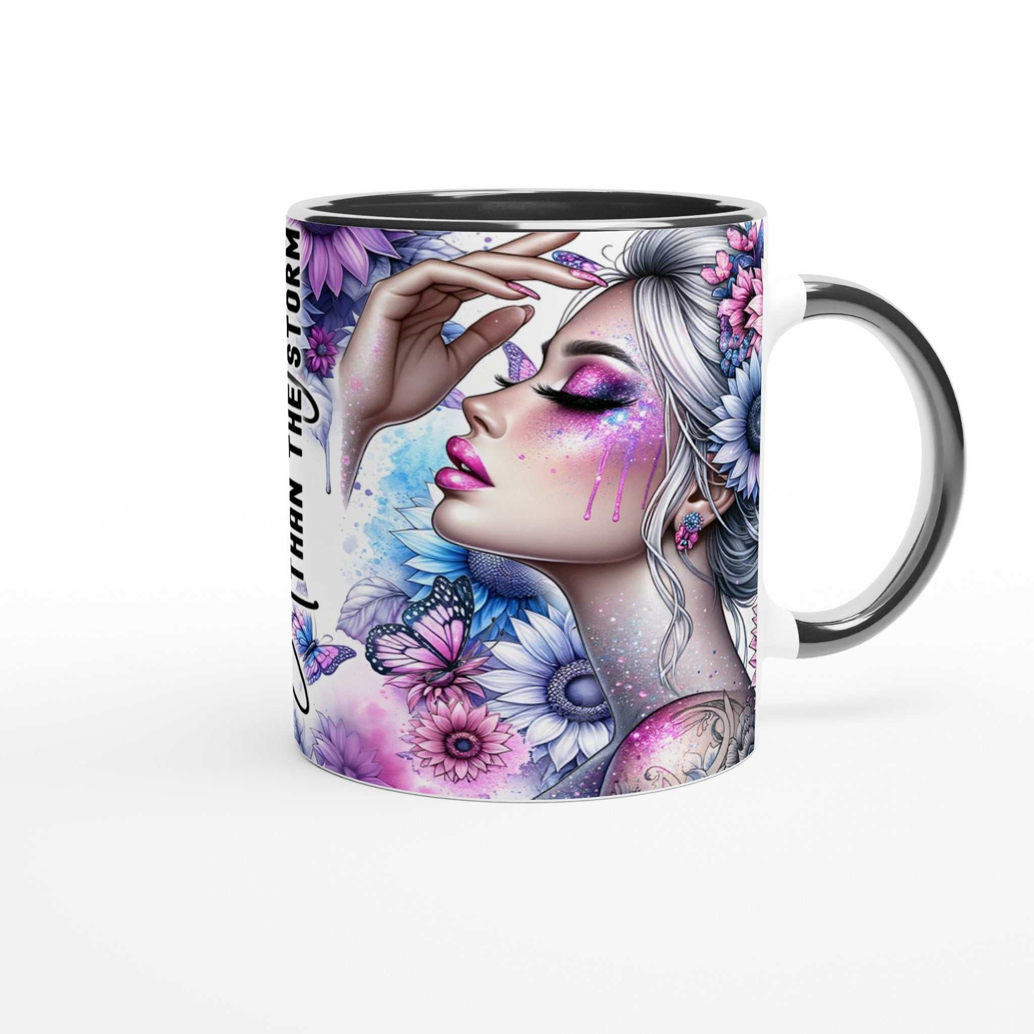 Stronger Than The Storm motivational coffee mug with vibrant floral design and glossy finish.