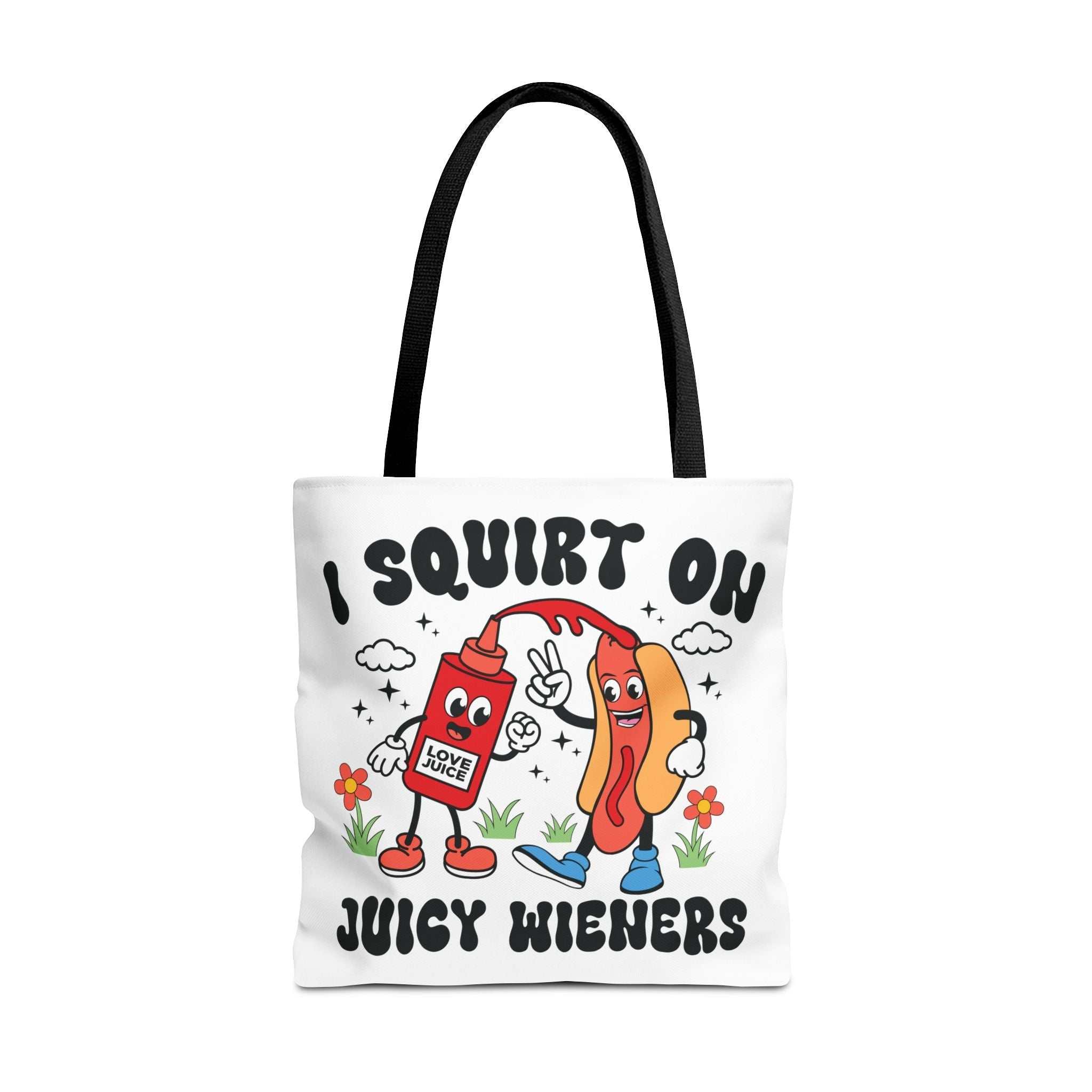 Juicy Wieners Fun Tote Bag with cheeky design, durable polyester, available in 3 sizes and multiple handle colors