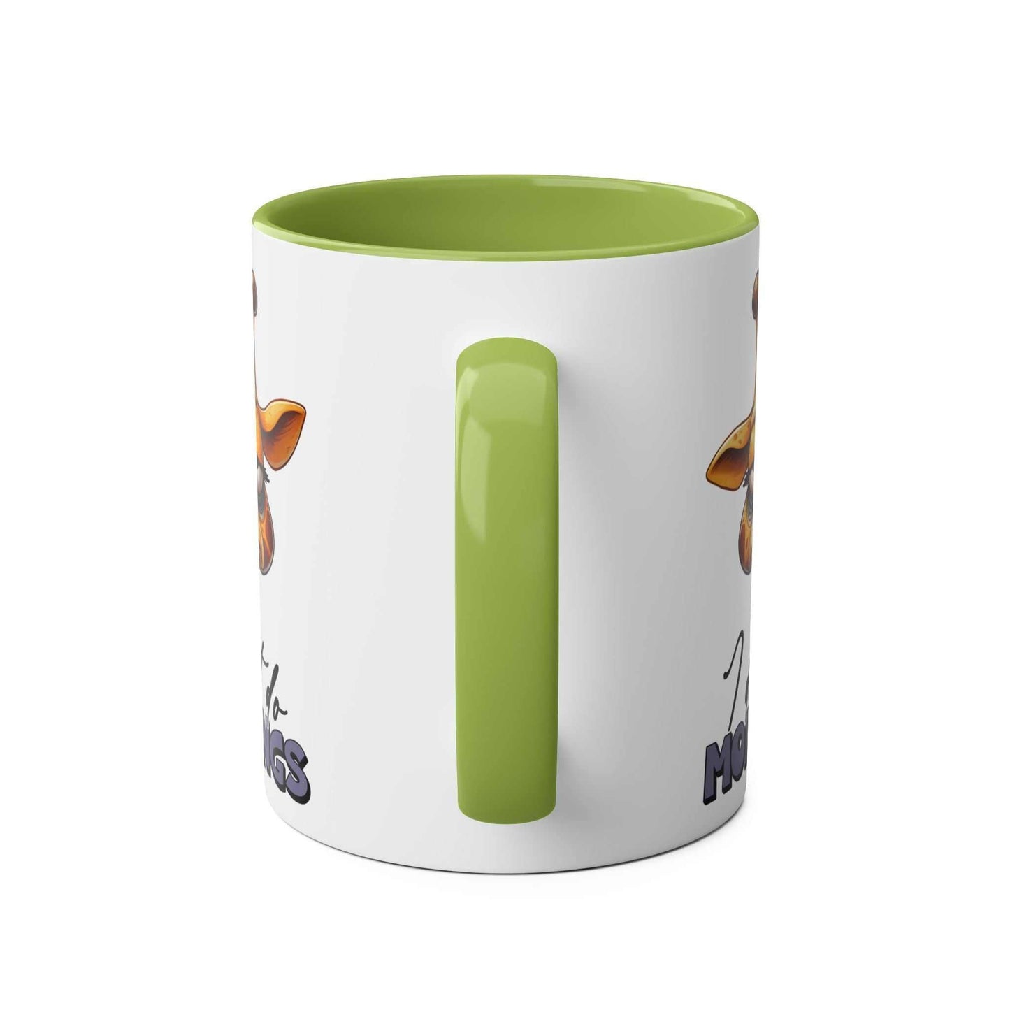 Dont Do Mornings Coffee Mug with playful giraffe design and green handle.