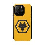 Wolves FC MagSafe iPhone case with gold and black wolf crest, dual-layer protection, and MagSafe compatibility
