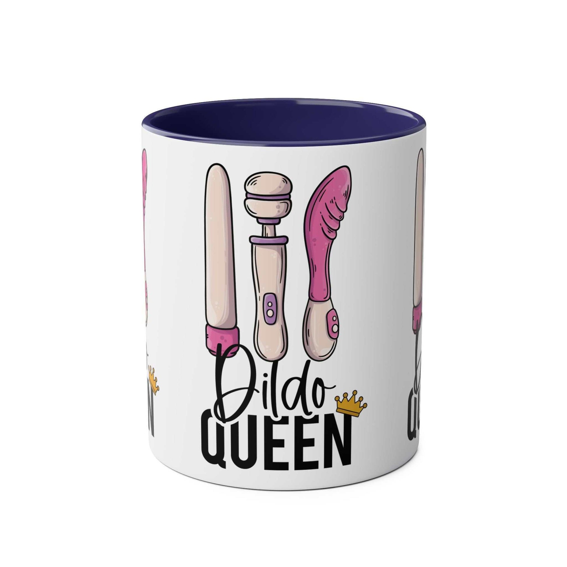 Cheeky Dildo Queen Coffee Mug with colorful designs, 11oz ceramic.