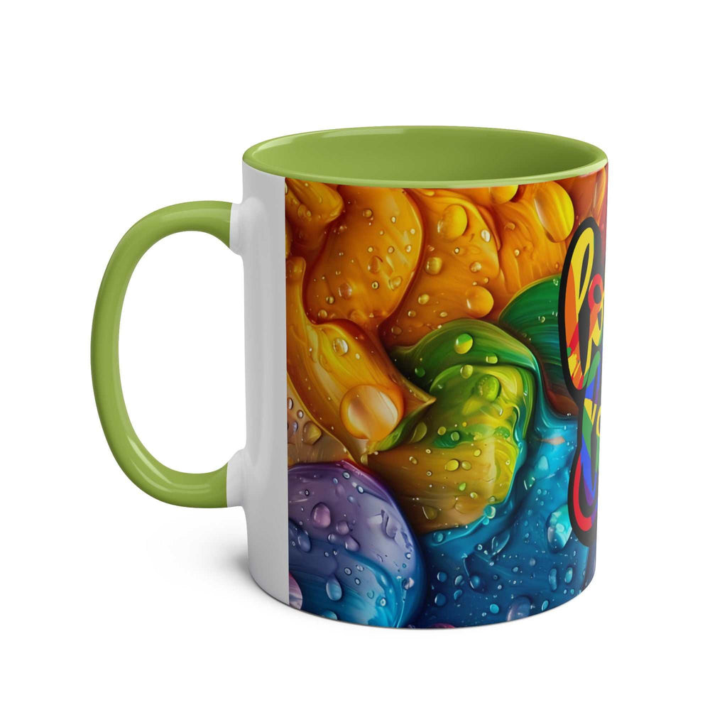 LGBTQ+ Pride mug with vibrant rainbow design on glossy ceramic surface.