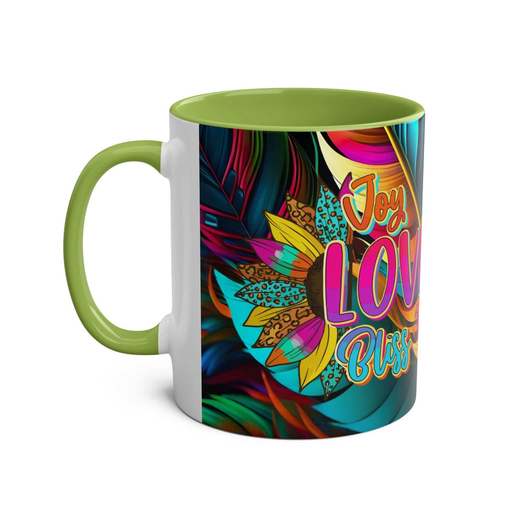 Colorful LGBTQ+ Pride mug with vibrant rainbow and "Joy Love Bliss" design, featuring glossy finish and green interior.